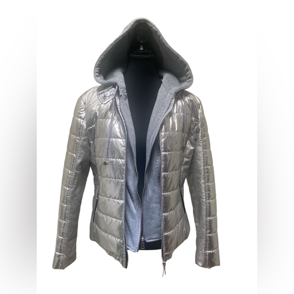 Frank Lyman Design Metallic Silver Puffer Jacket EUC L
